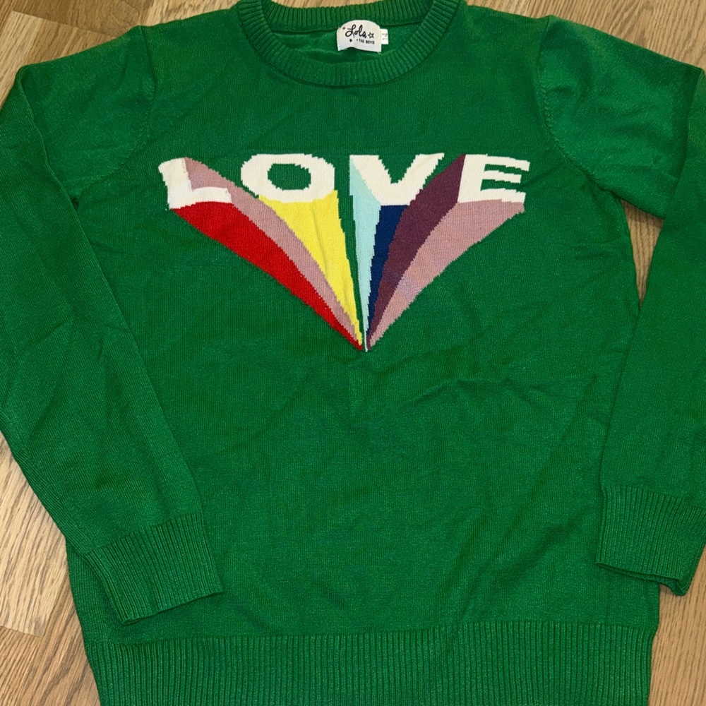 Lola + The Boys Green Sweater with Multicolor LOVE Design